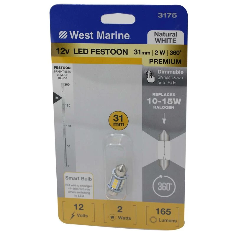 WEST MARINE Replacement Bulbs Festoon 360 Degree 31mm LED Premium Bulb, White 1 WEST MARINE Replacement Bulbs Festoon 360 Degree 31mm LED Premium Bulb, White